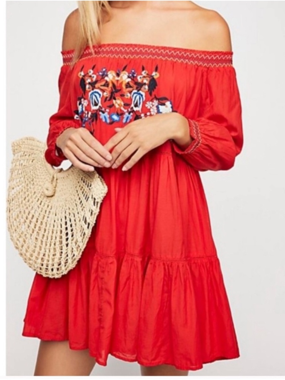 Free People Sunbeams Off-Shoulder Embroidered Mini Dress Sz Medium